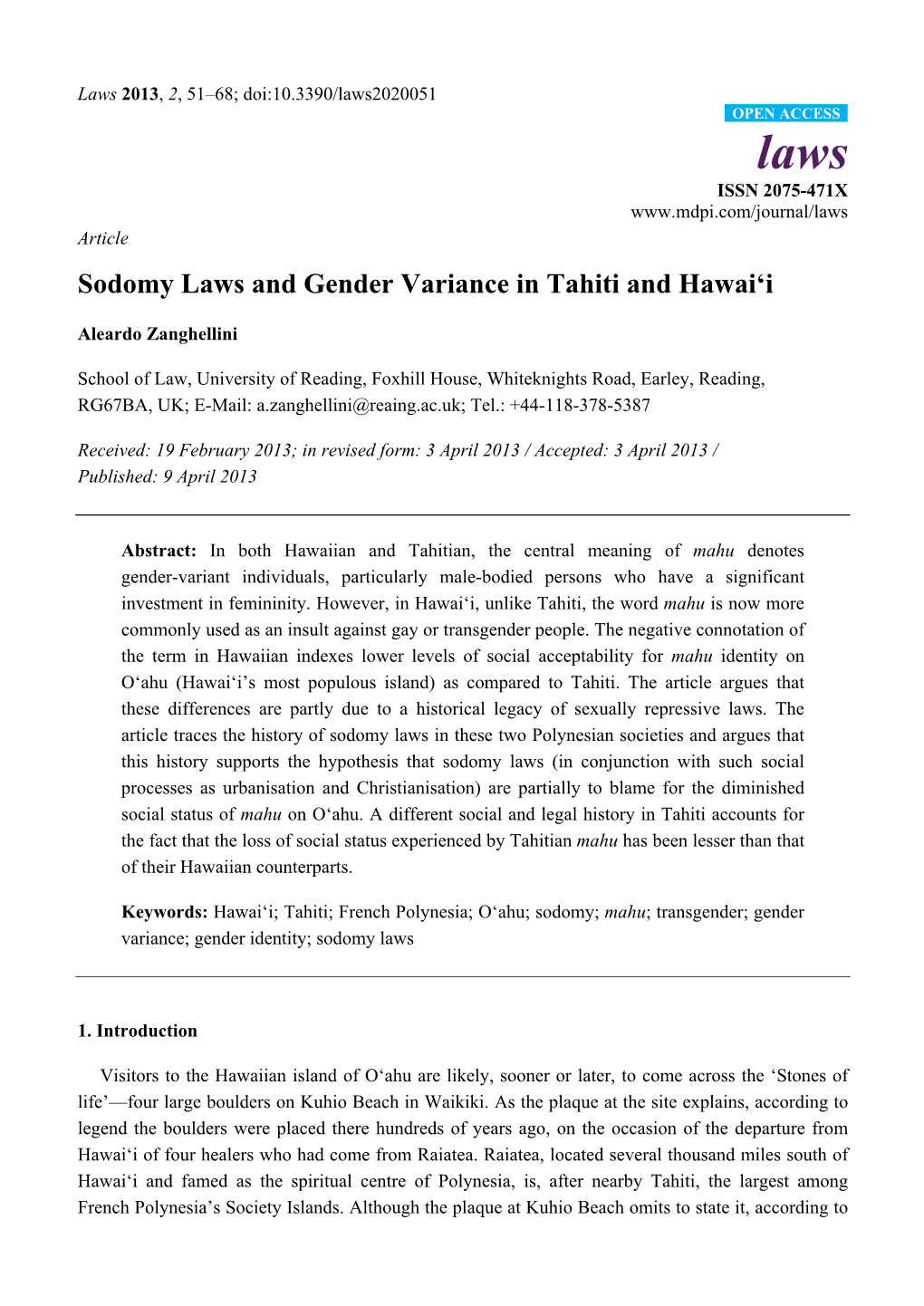 Sodomy Laws and Gender Variance in Tahiti and Hawai'i