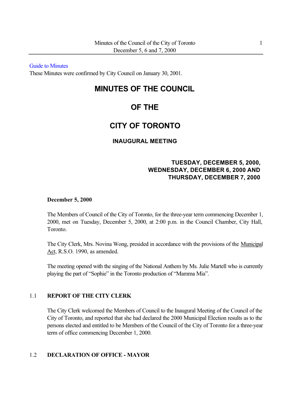 Minutes of the Council of the City of Toronto 1 December 5, 6 and 7, 2000