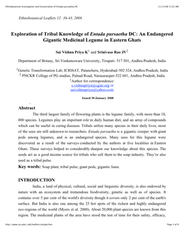 Exploration of Tribal Knowledge of Entada Pursaetha DC: an Endangered Gigantic Medicinal Legume in Eastern Ghats