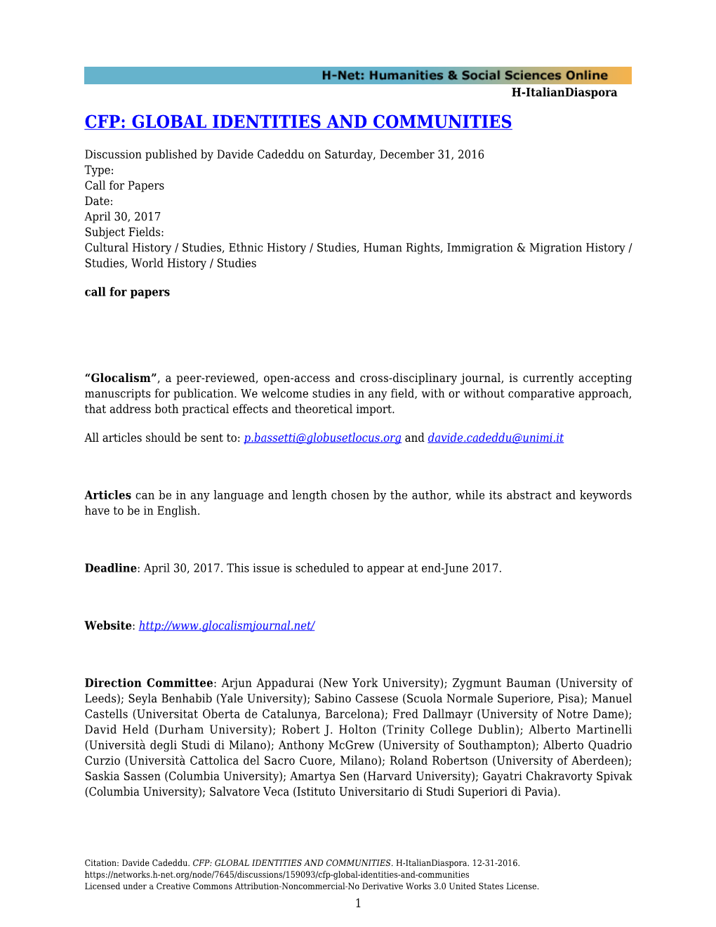 Cfp: Global Identities and Communities