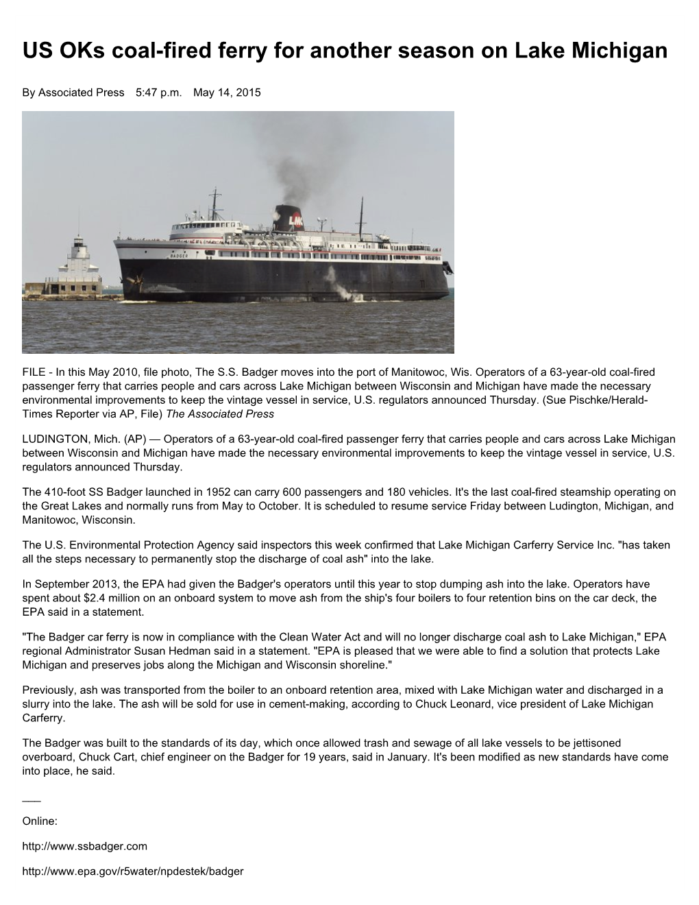 US Oks Coalfired Ferry for Another Season on Lake Michigan