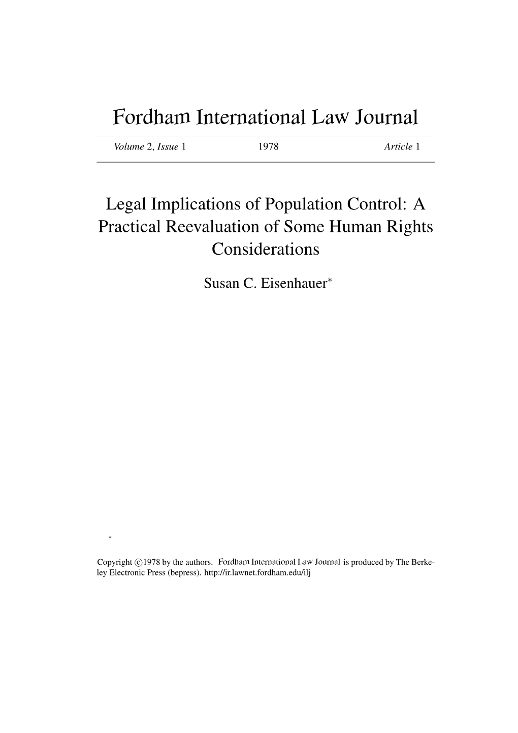 Legal Implications of Population Control: a Practical Reevaluation of Some Human Rights Considerations