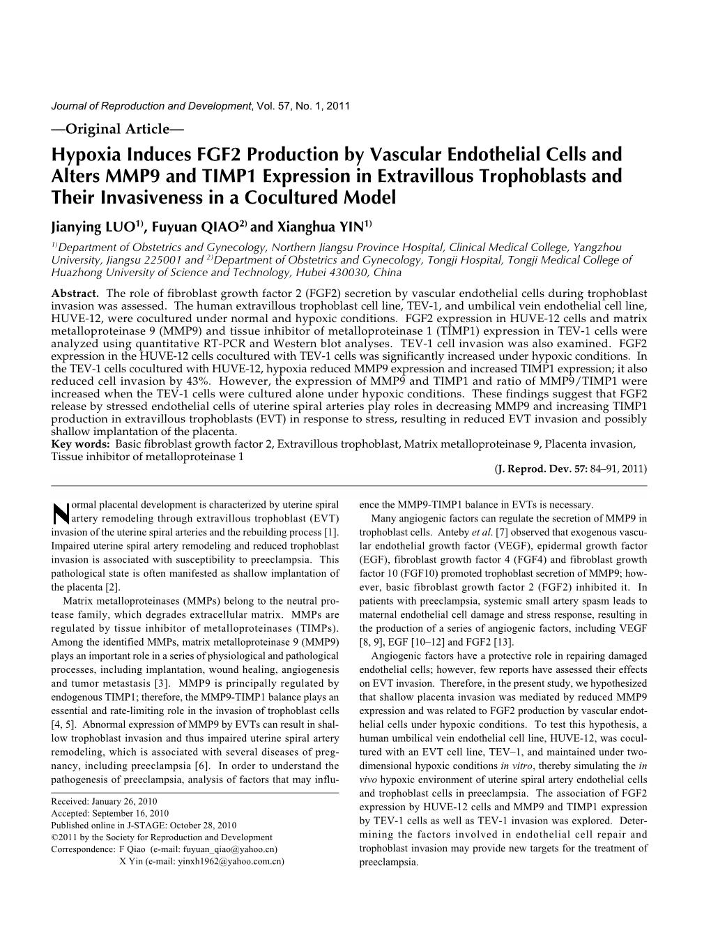Hypoxia Induces FGF2 Production by Vascular Endothelial Cells And