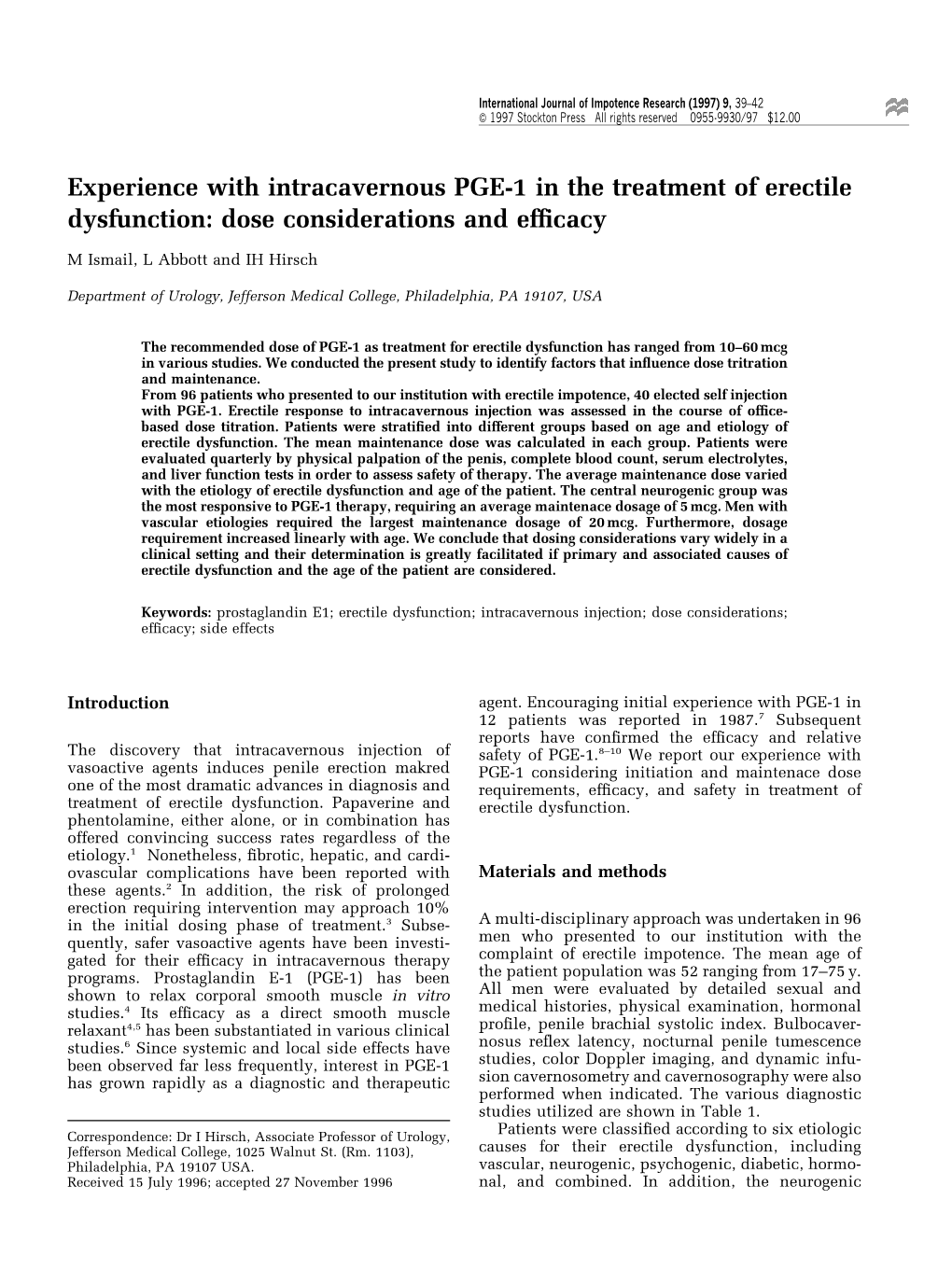 Experience with Intracavernous PGE-1 in the Treatment of Erectile Dysfunction: Dose Considerations and Ef®Cacy