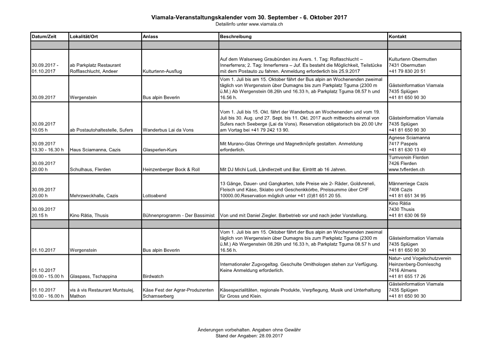 Viamala-Veranstaltungskalender Vom 30. September - 6