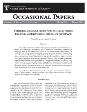 Distribution and Natural History Notes of Mammals (Orders: Chiroptera and Rodentia) from Nebraska and South Dakota