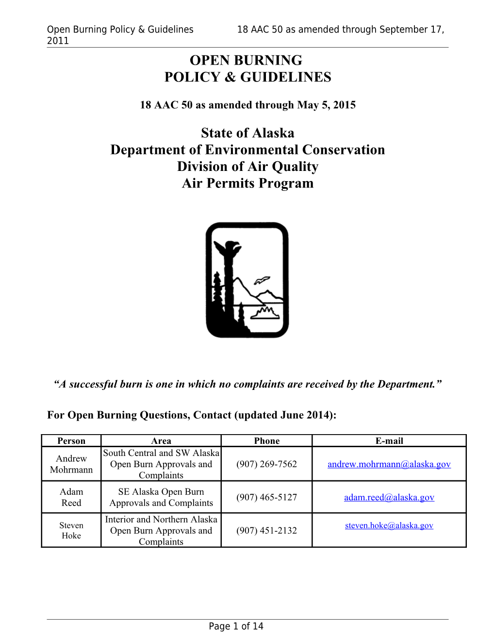 Open Burning Policy & Guidelines18 AAC 50 As Amended Through September 17, 2011