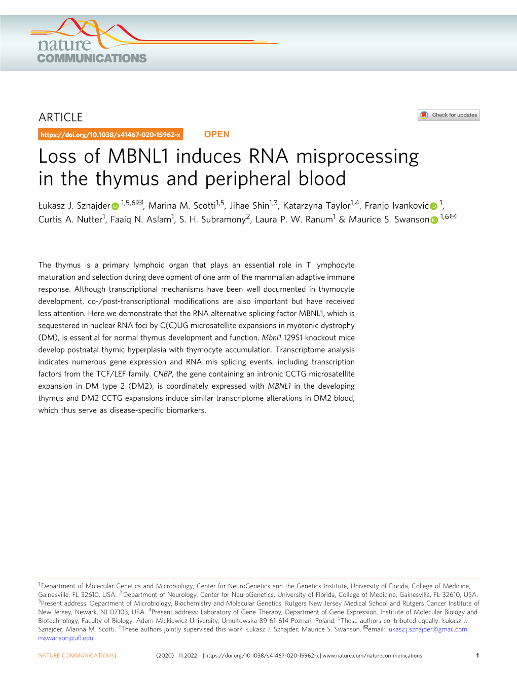 Loss of MBNL1 Induces RNA Misprocessing in the Thymus and Peripheral Blood ✉ Łukasz J