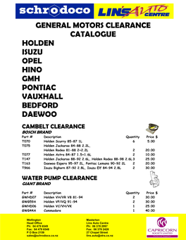 General Motors Clearance Catalogue Holden Isuzu Opel Hino Gmh Pontiac Vauxhall Bedford Daewoo