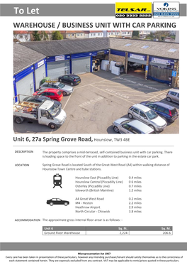 To Let WAREHOUSE / BUSINESS UNIT with CAR PARKING