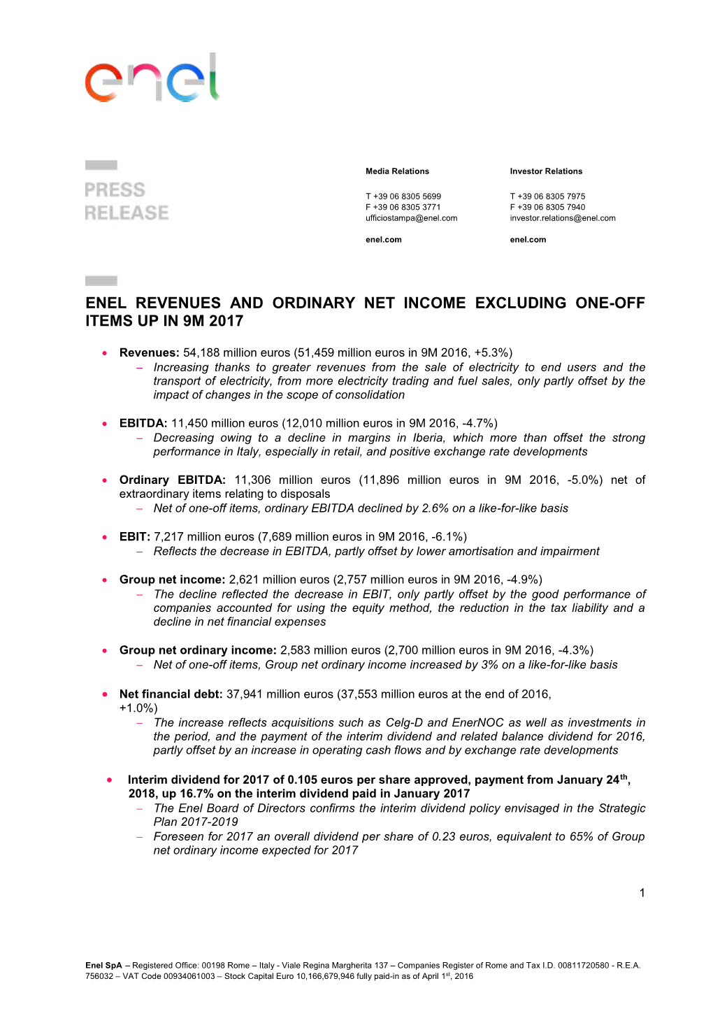 Enel Revenues and Ordinary Net Income Excluding One-Off Items up in 9M 2017