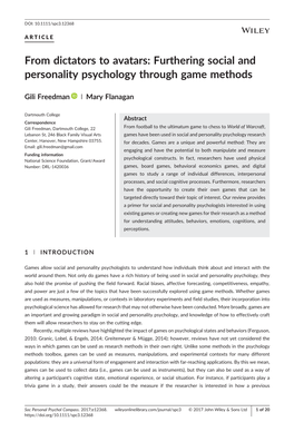 Furthering Social and Personality Psychology Through Game Methods