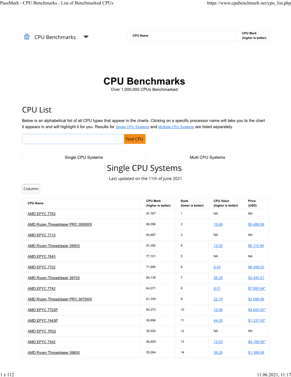 Passmark - CPU Benchmarks - List of Benchmarked Cpus