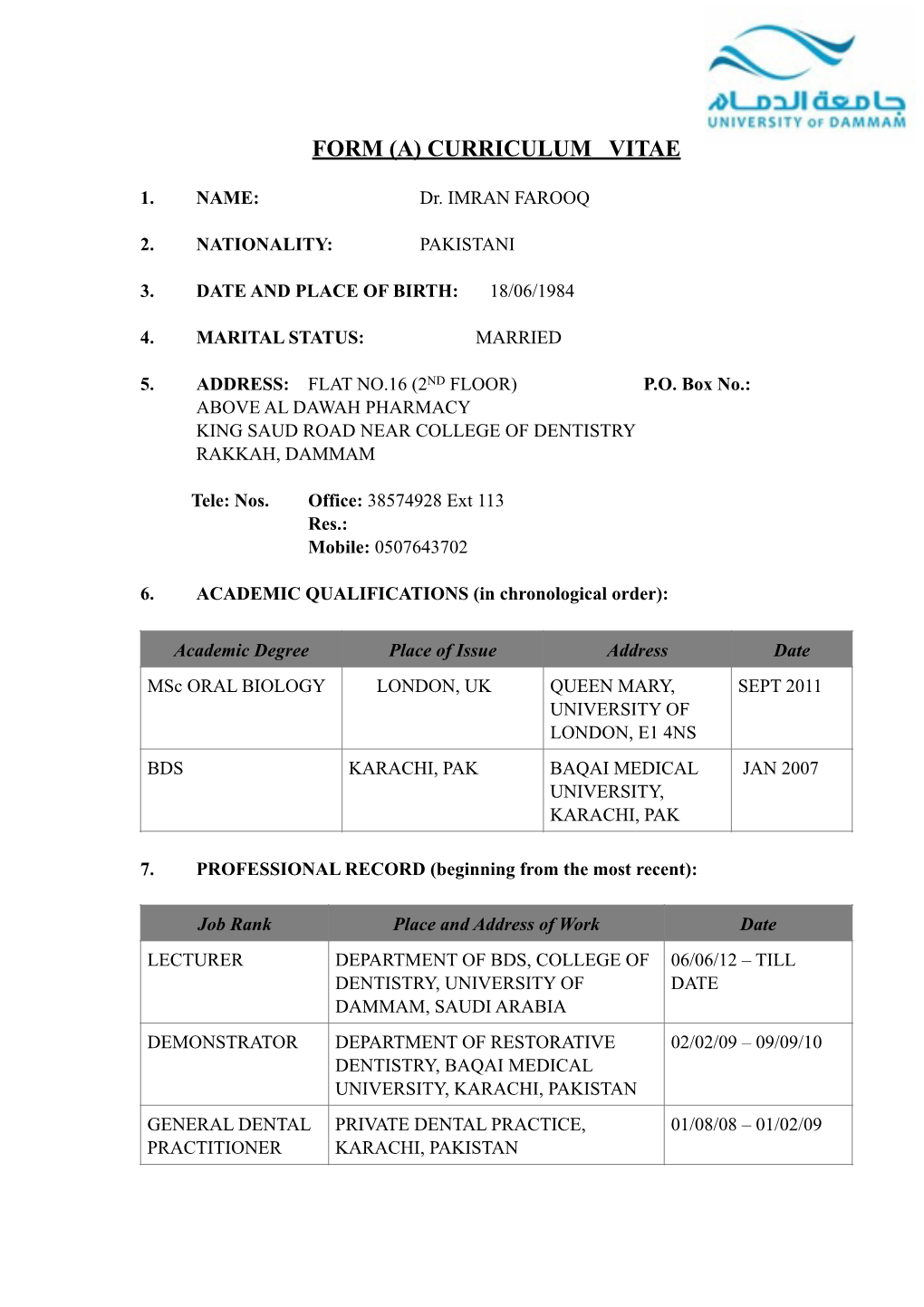 Form (A) Curriculum Vitae