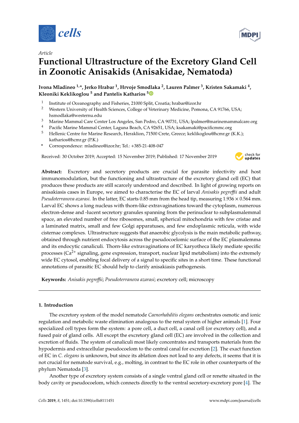 Functional Ultrastructure of the Excretory Gland Cell in Zoonotic Anisakids (Anisakidae, Nematoda)