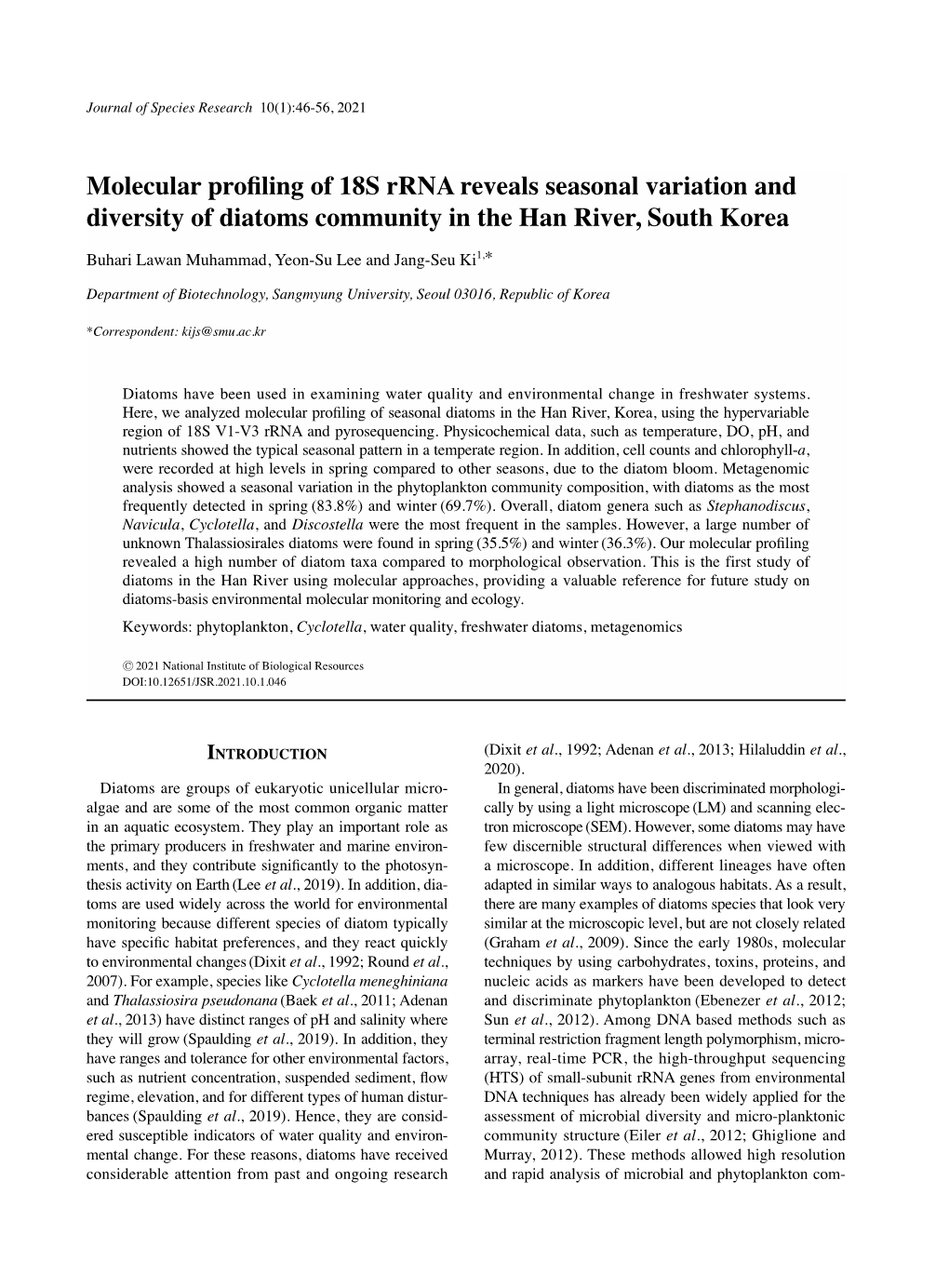 Molecular Profiling of 18S Rrna Reveals Seasonal Variation and Diversity of Diatoms Community in the Han River, South Korea