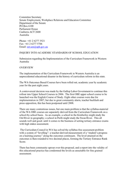 Submission Regarding the Implementation of the Curriculum Framework in Western Australia