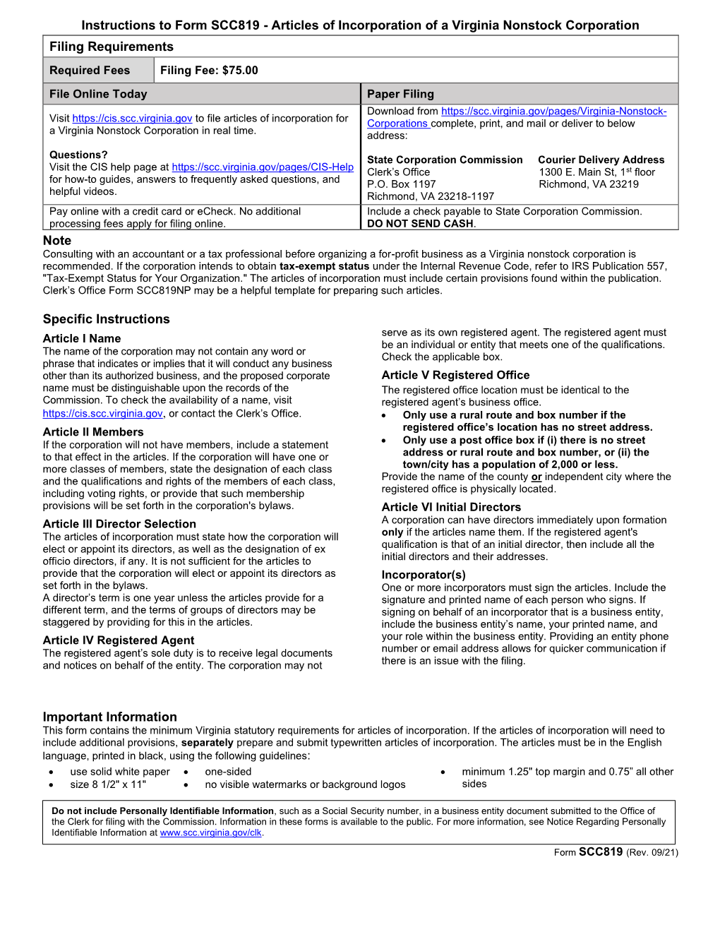 Articles of Incorporation of a Virginia Nonstock Corporation