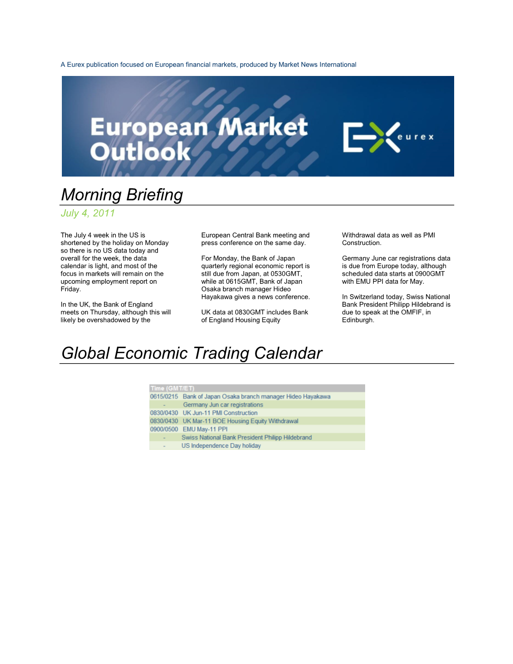 Morning Briefing Global Economic Trading Calendar