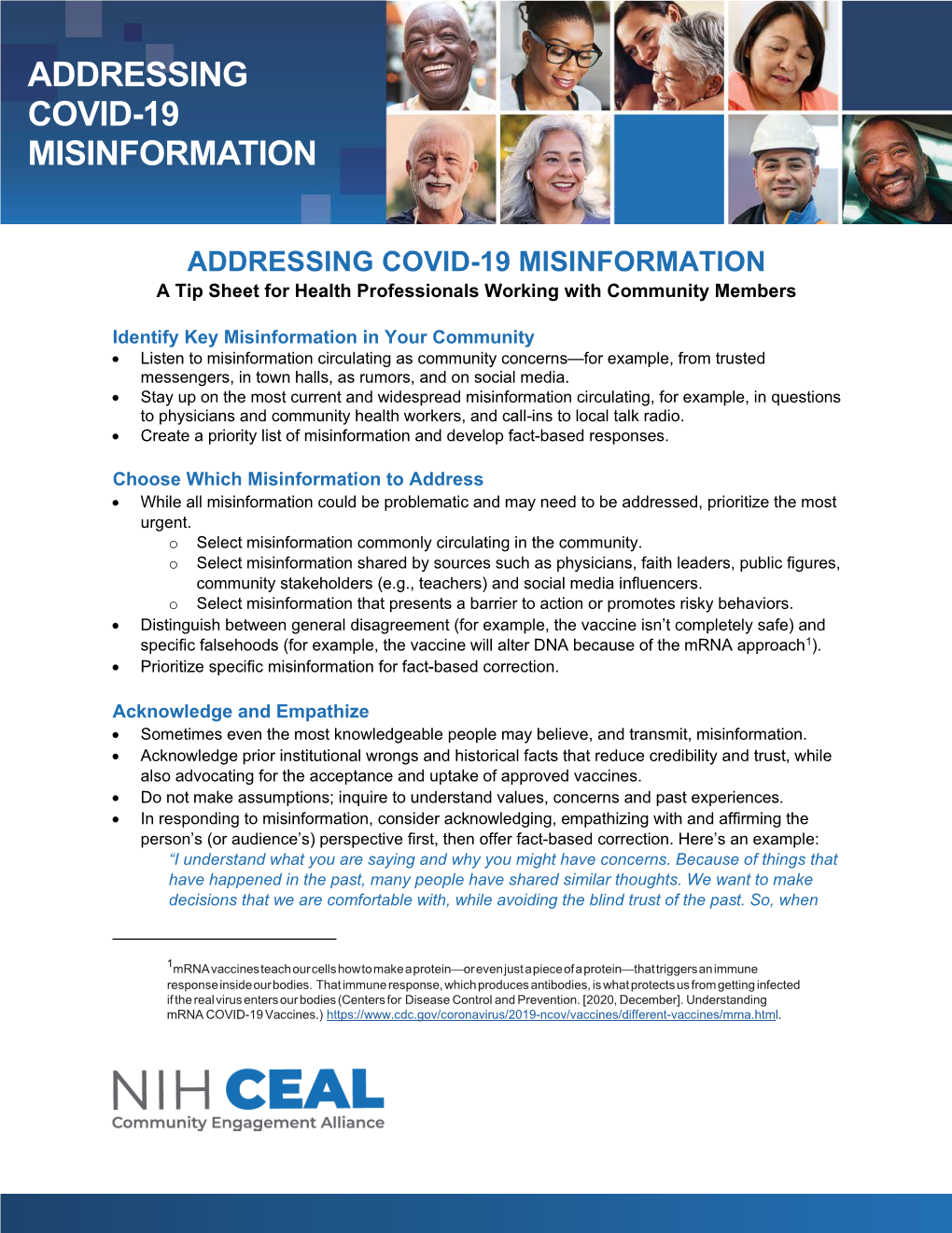 ADDRESSING COVID-19 MISINFORMATION a Tip Sheet for Health Professionals Working with Community Members