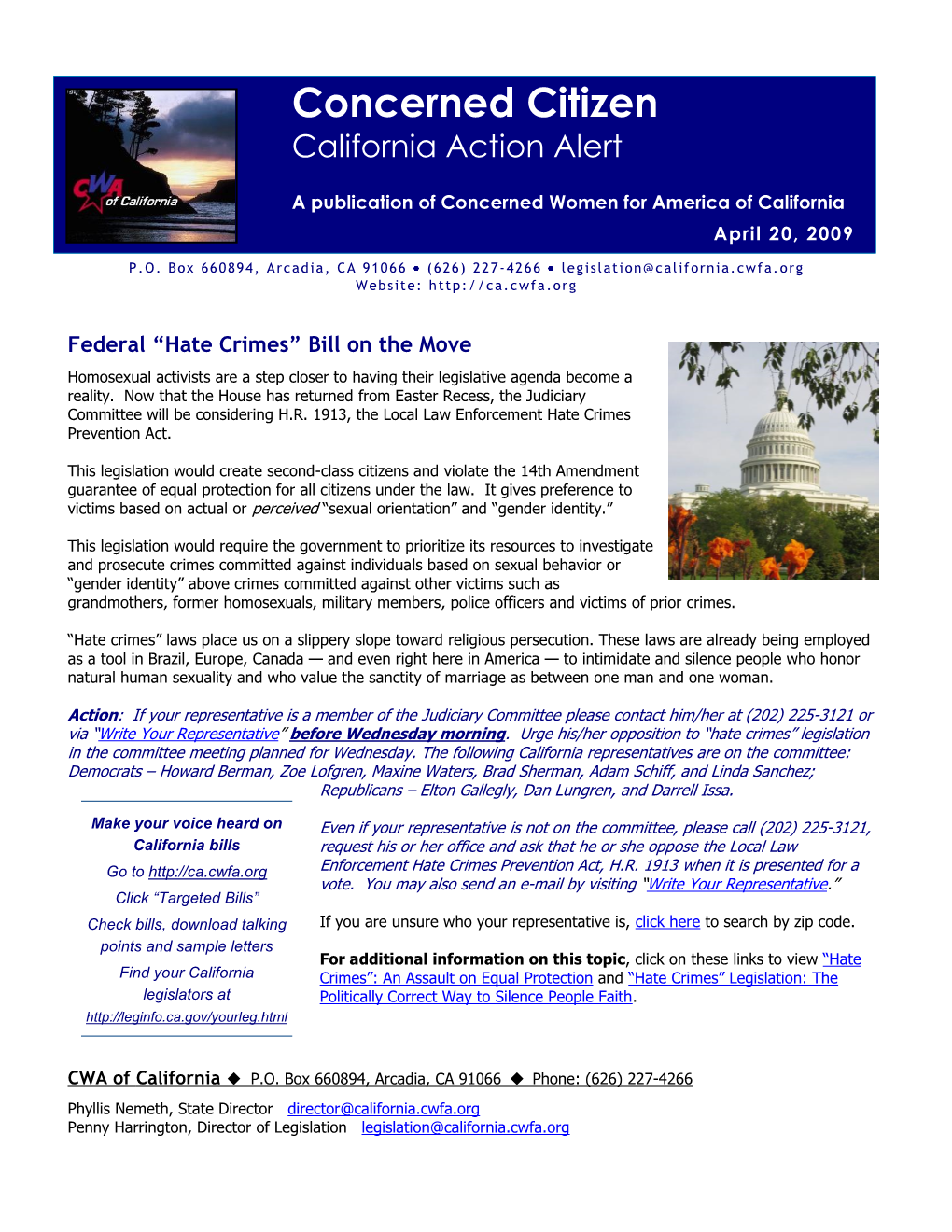 Concerned Citizen California Action Alert