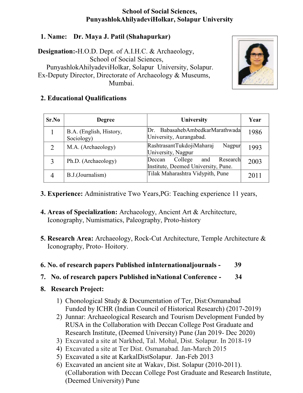 Dr. Maya J. Patil (Shahapurkar) Designati