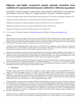 Oligomer and Highly Oxygenated Organic Molecule Formation from Oxidation of Oxygenated Monoterpenes Emitted by California Sage Plants