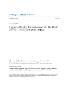 The Death of Two-Tiered Takeovers in Virginia? , 44 Wash