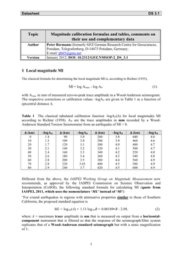 Topic Magnitude Calibration Formulas and Tables, Comments on Their Use