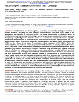 Reevaluating the Fusobacterium Virulence Factor Landscape ​ ​ 1* 1* 1 1 2 Ariana Umana ,​ Blake E