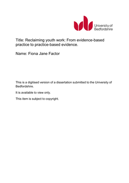 Title: Reclaiming Youth Work: from Evidence-Based Practice to Practice-Based Evidence