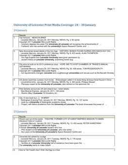 University of Leicester Print Media Coverage: 24 – 30 January 24 January