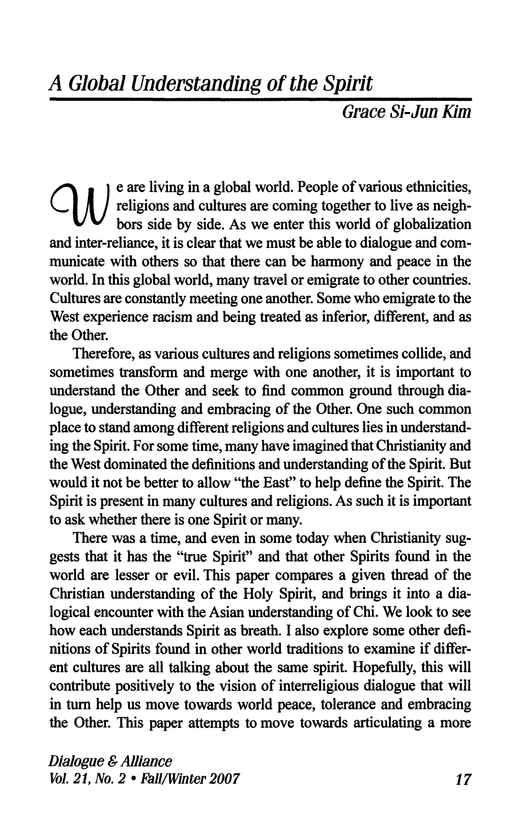 A Global Understanding of the Spirit Grace Si-Jun Kim