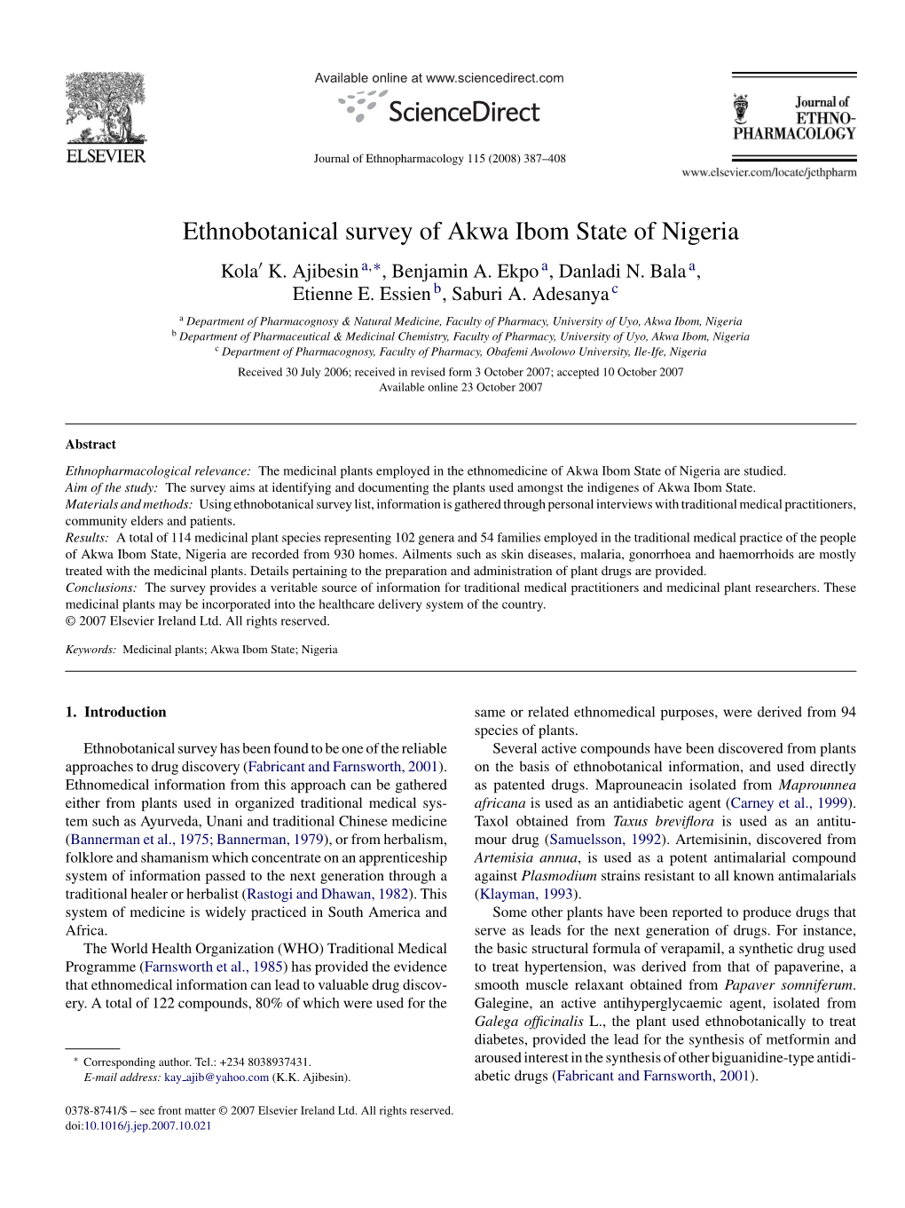 Ethnobotanical Survey of Akwa Ibom State of Nigeria Kola� K