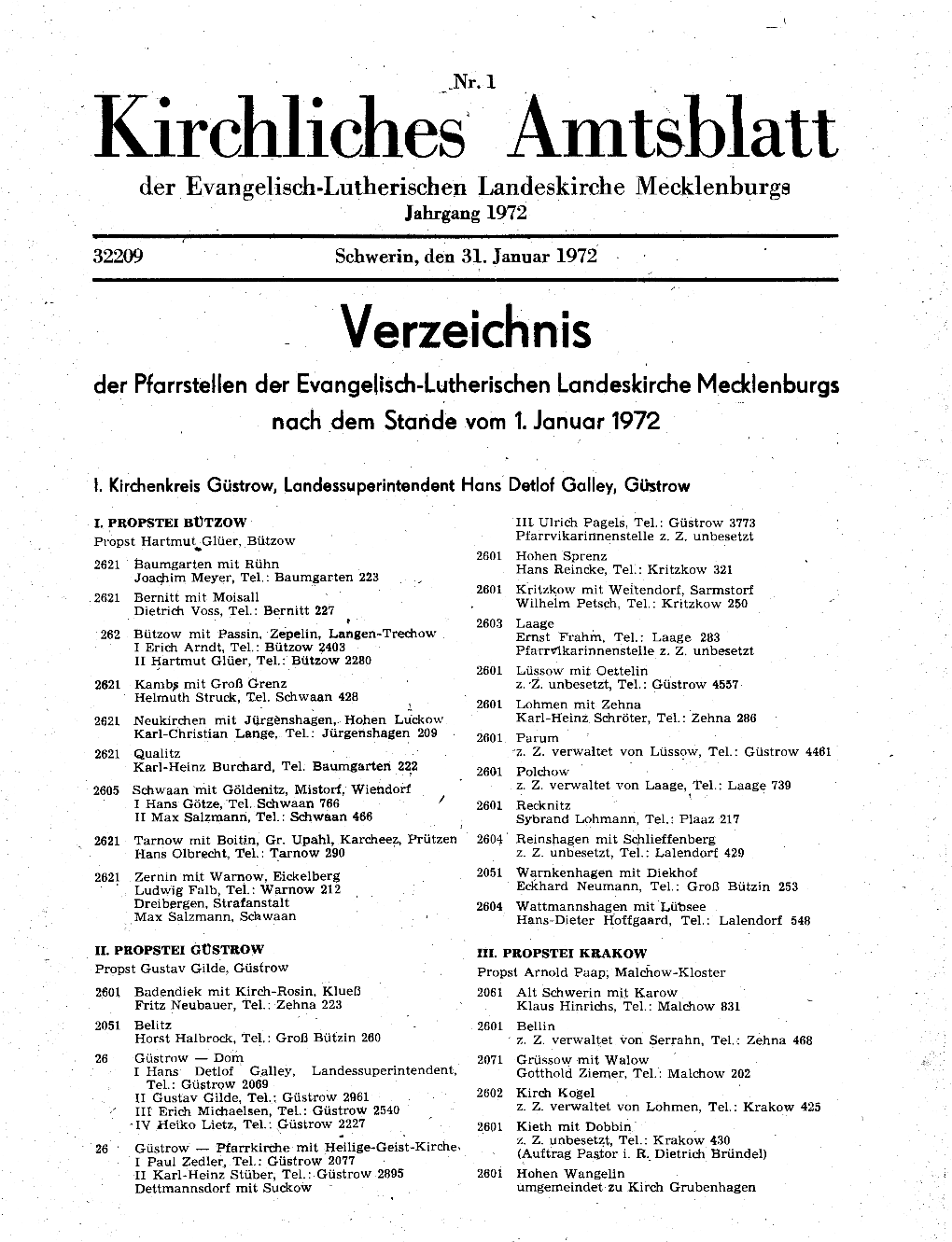 Kirchliches' Amtsblatt Der Evangelisch-Lutherischen Landeskirche Mecklenburgs Jahrgang 1972