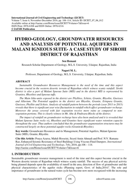 Hydro-Geology, Groundwater Resources and Analysis of Potential Aquifers in Malani Igneous Suite- a Case Study of Sirohi District of Rajasthan