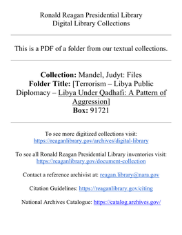 Collection: Mandel, Judyt: Files Folder Title: [Terrorism – Libya Public Diplomacy – Libya Under Qadhafi: a Pattern of Aggression] Box: 91721