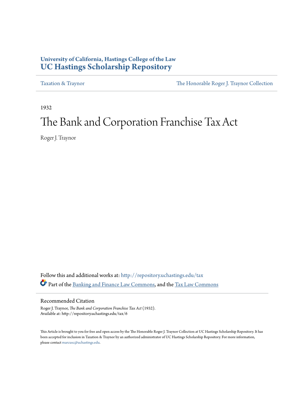 The Bank and Corporation Franchise Tax Act (1932)