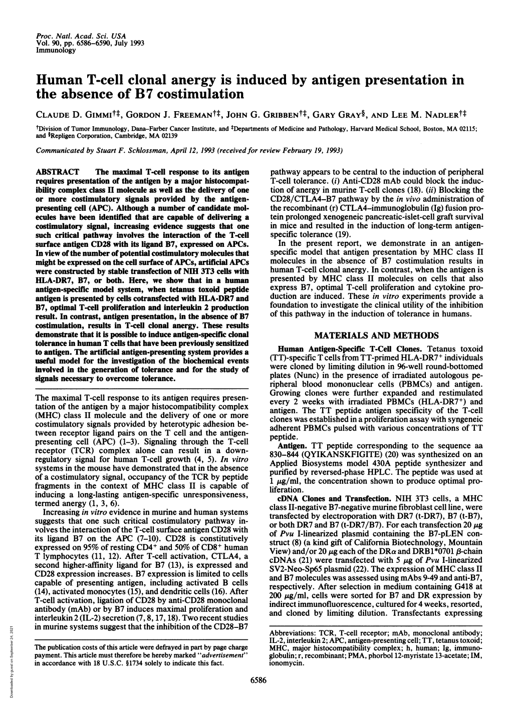 Human T-Cell Clonal Anergy Is Induced by Antigen Presentation in the Absence of B7 Costimulation CLAUDE D