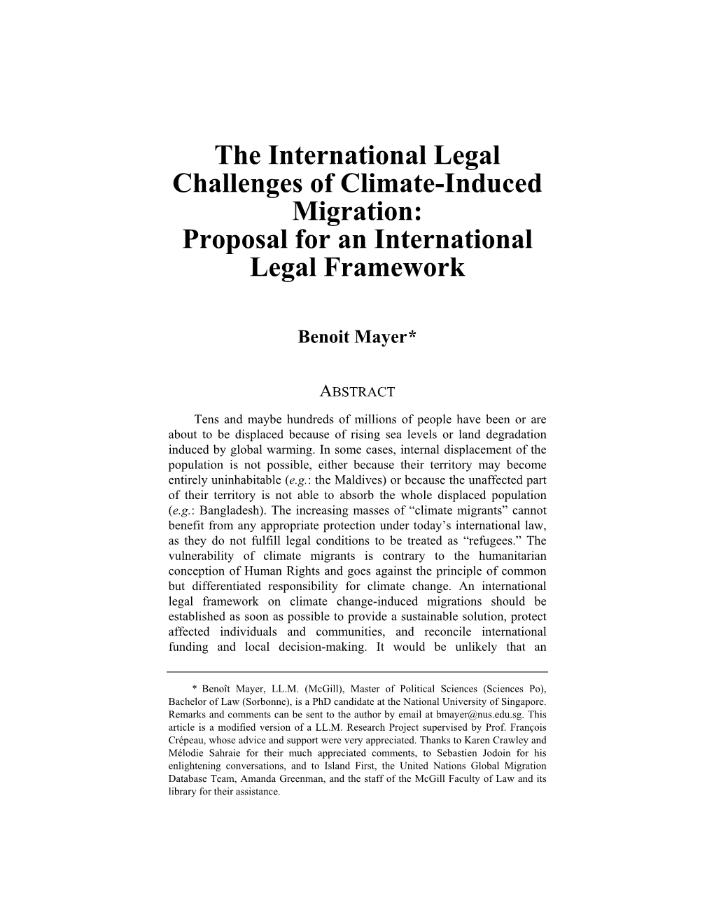 The International Legal Challenges of Climate-Induced Migration: Proposal for an International Legal Framework