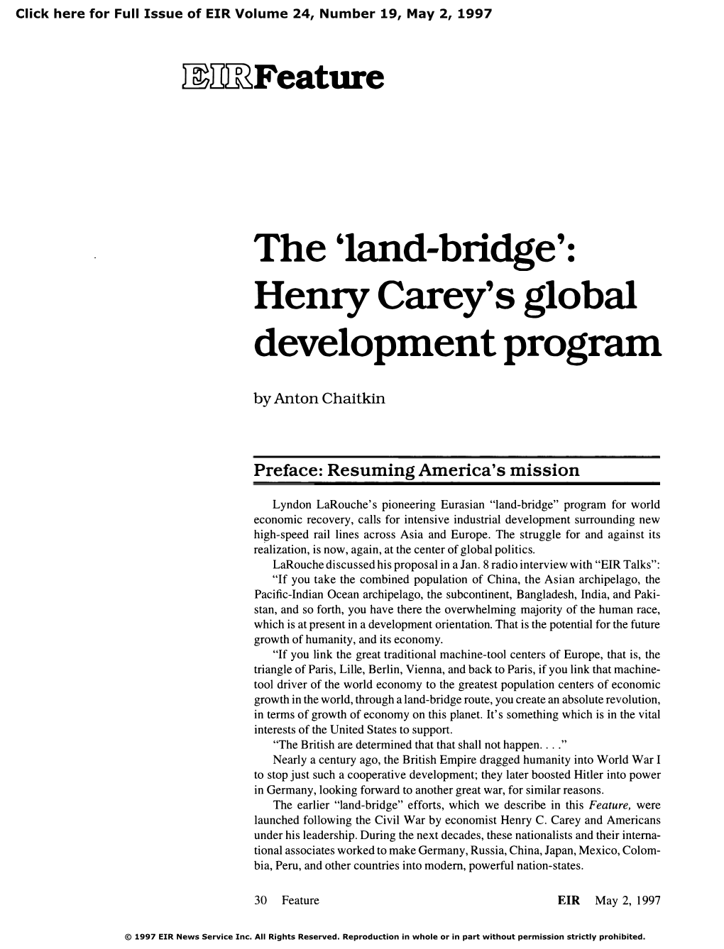The 'Land-Bridge': Henry Carey's Global Development Program