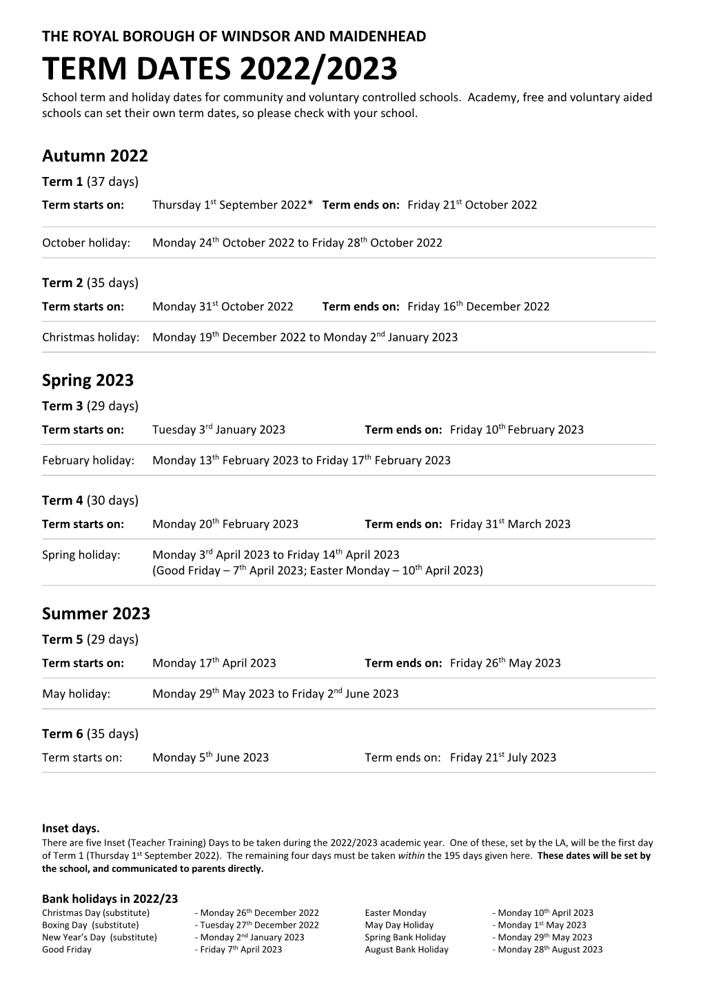 School Term Dates 2022-2023