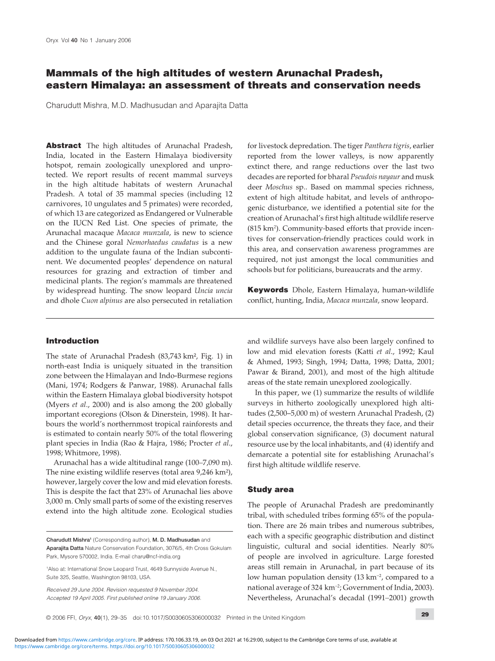 Mammals of the High Altitudes of Western Arunachal Pradesh, Eastern Himalaya: an Assessment of Threats and Conservation Needs