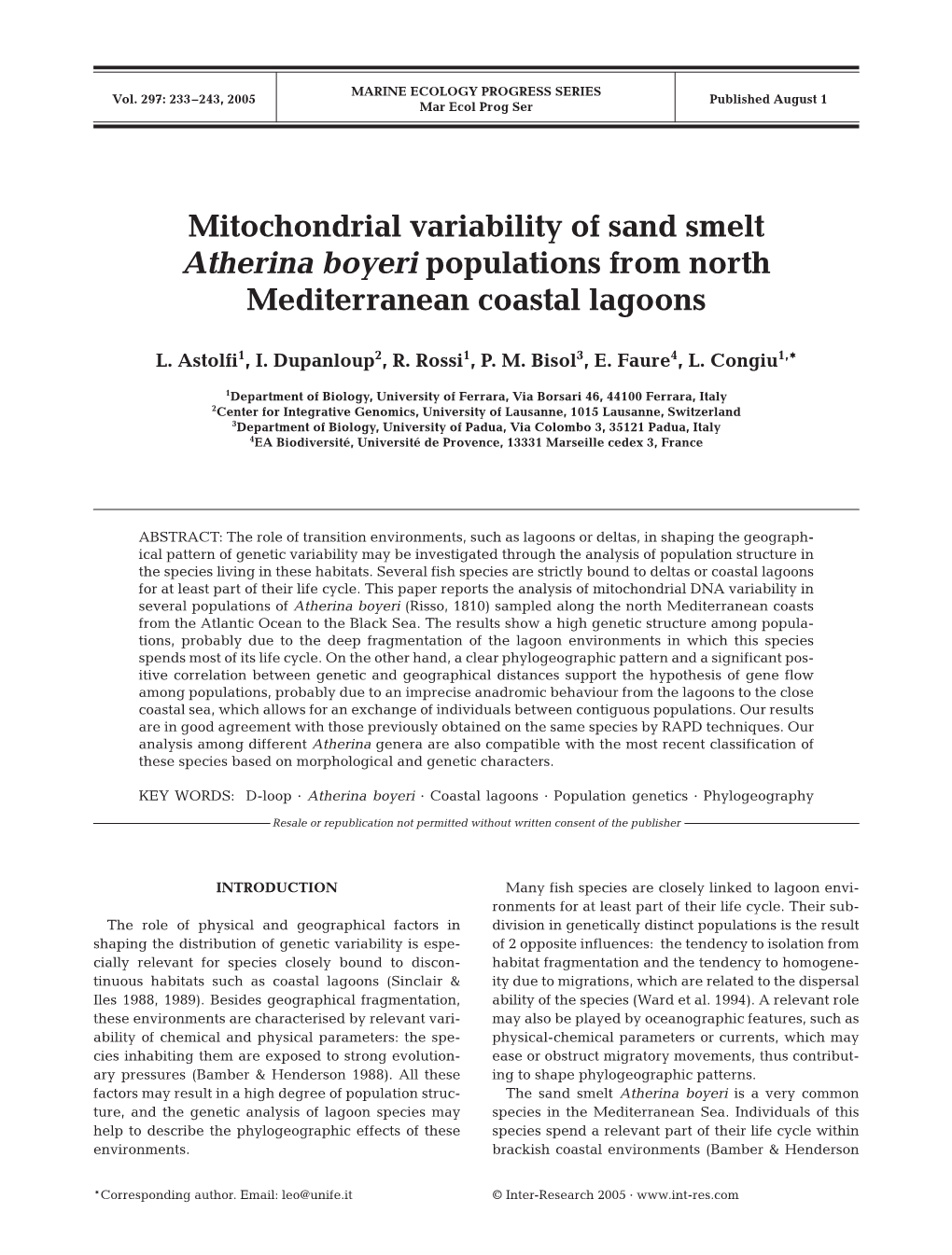 Mitochondrial Variability of Sand Smelt Atherina Boyeri Populations from North Mediterranean Coastal Lagoons