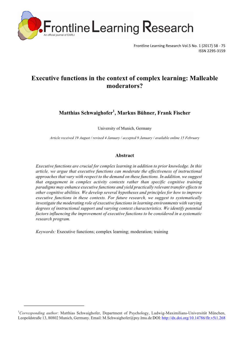 Executive Functions in the Context of Complex Learning: Malleable Moderators?