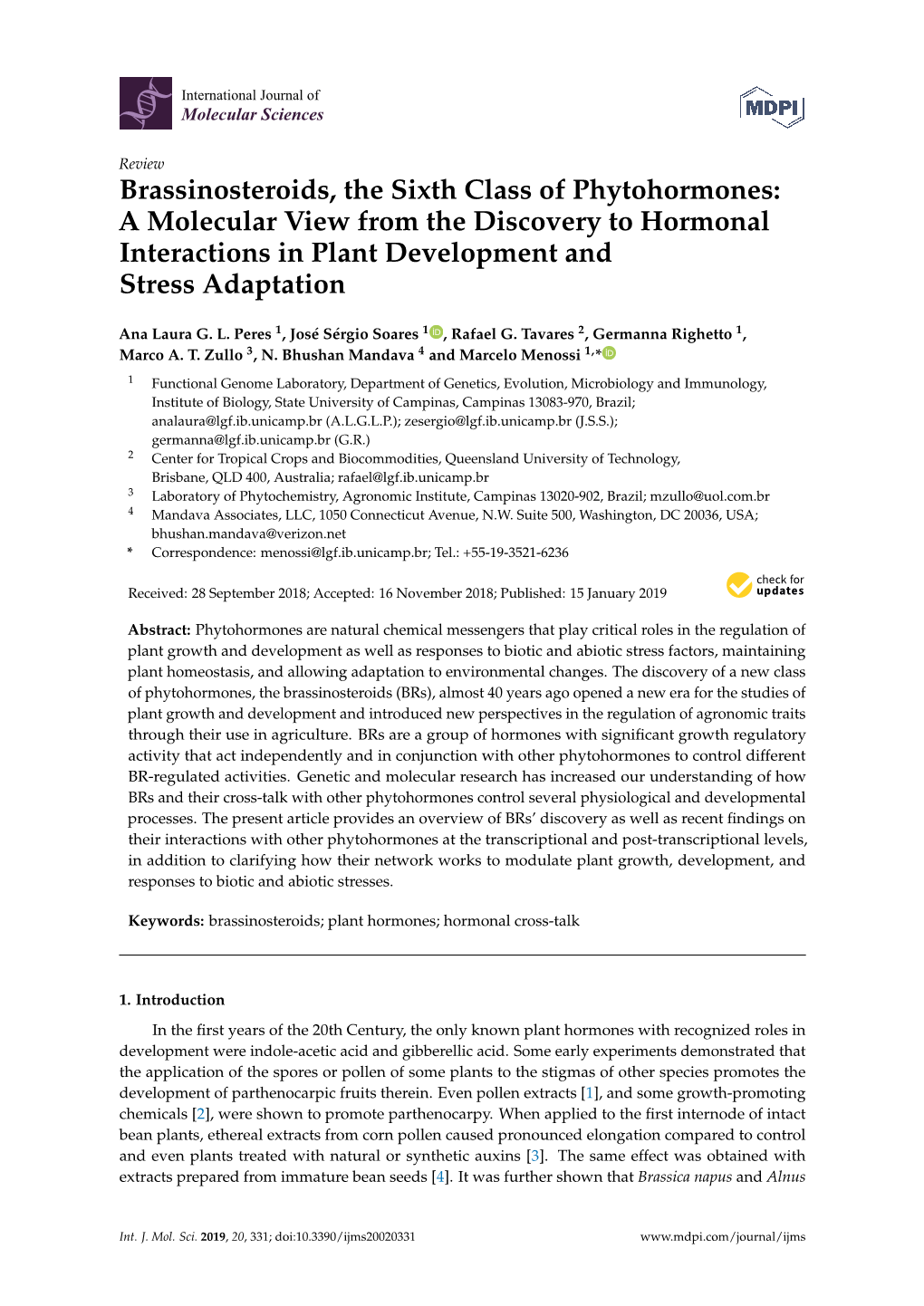 Brassinosteroids, the Sixth Class of Phytohormones: a Molecular View from the Discovery to Hormonal Interactions in Plant Development and Stress Adaptation