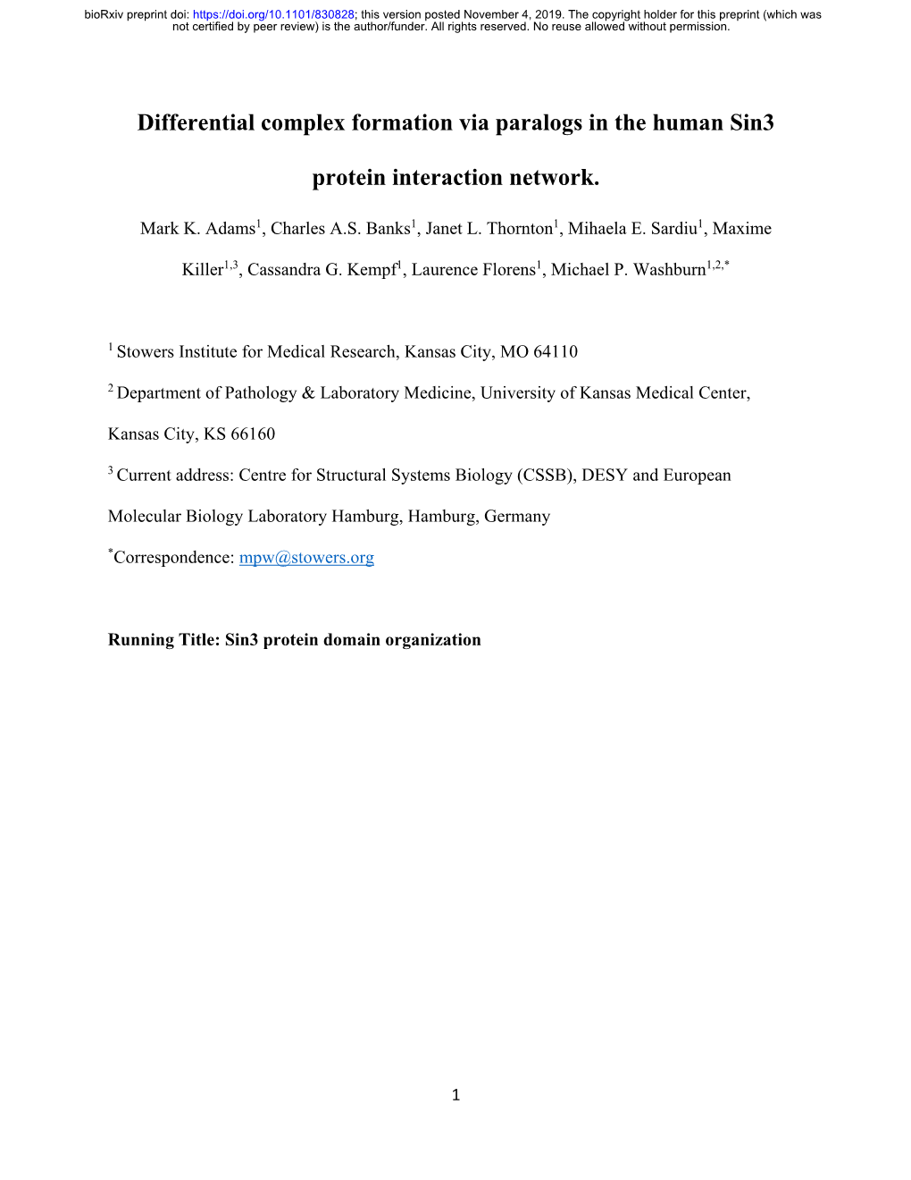 Differential Complex Formation Via Paralogs in the Human Sin3 Protein Interaction Network