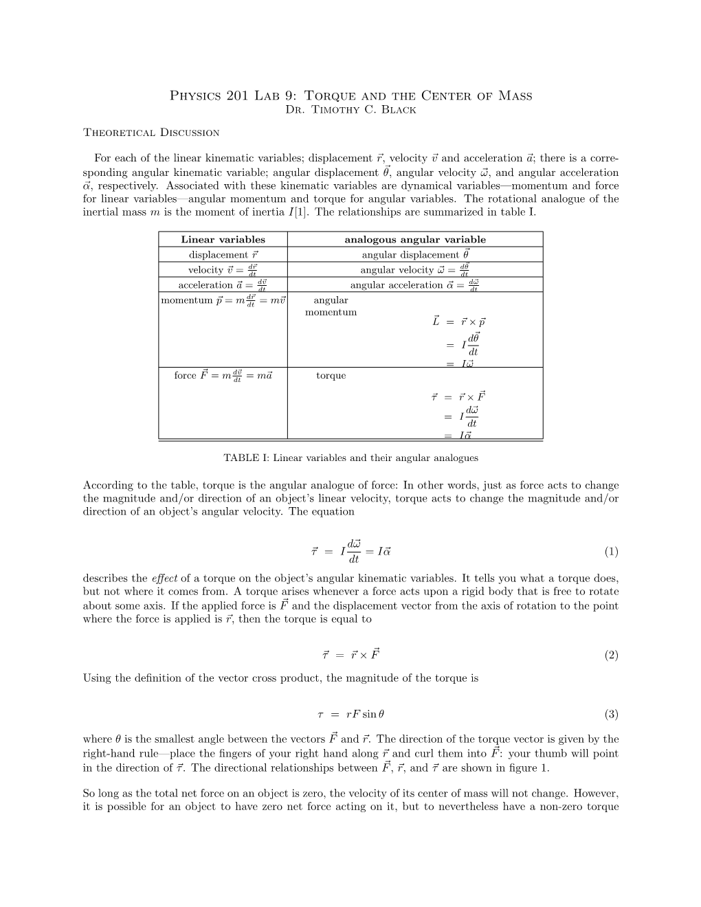 Physics 201 Lab 9: Torque and the Center of Mass Dr