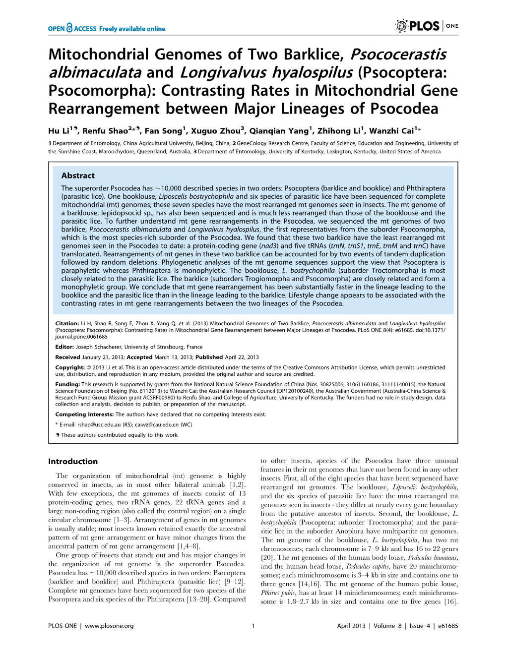 Albimaculata and Longivalvus Hyalospilus (Psocoptera: Psocomorpha): Contrasting Rates in Mitochondrial Gene Rearrangement Between Major Lineages of Psocodea