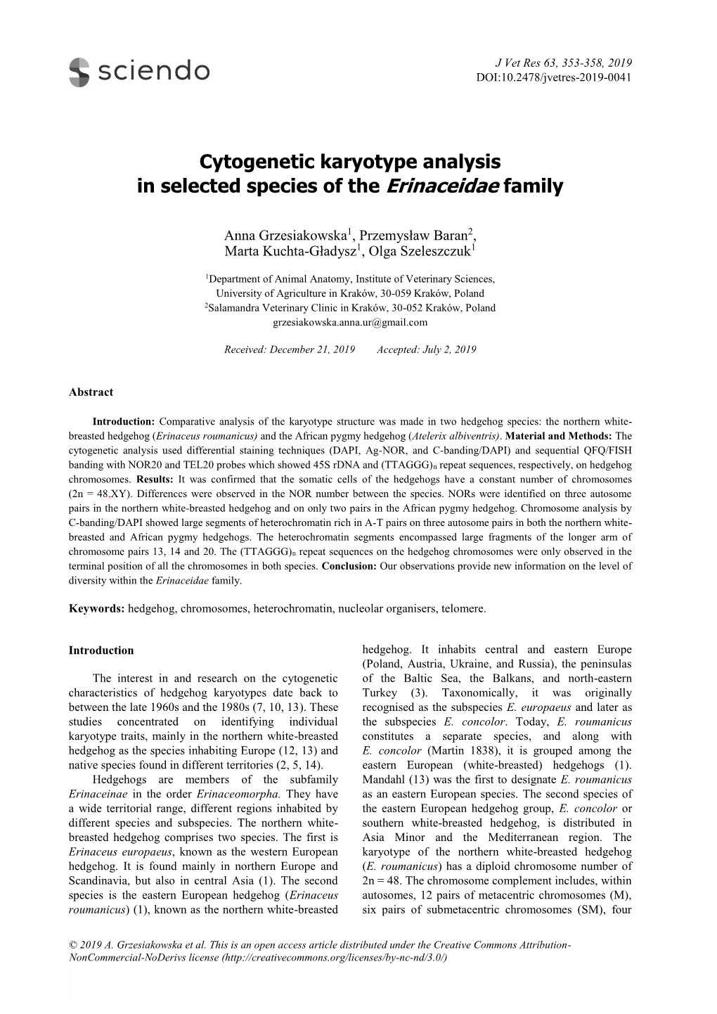 Cytogenetic Karyotype Analysis in Selected Species of the Erinaceidae Family